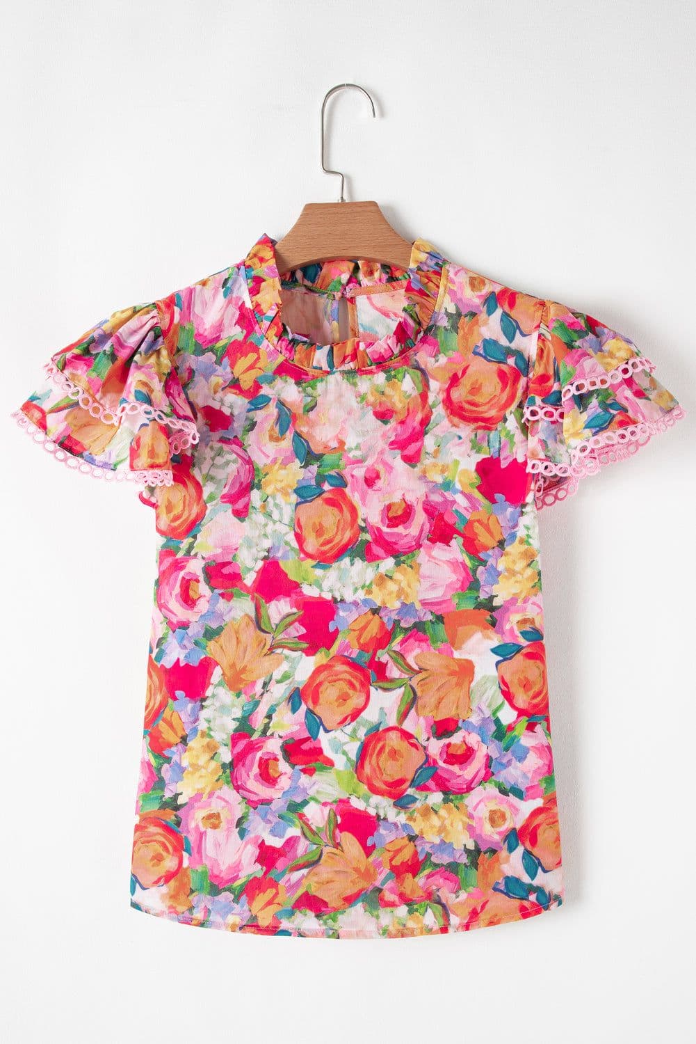image-Floral Short Sleeve Ruffled Lace Trim Blouse (58 characters)