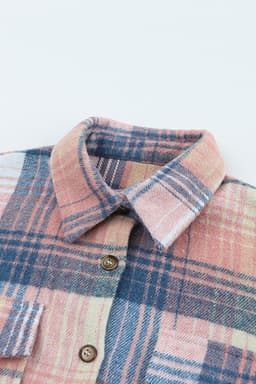 image-Shacket with Pink/Black Plaid Flap Pockets - Chic Style, Loose Fit (65 characters)
