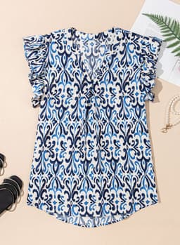 image-Sky Blue Boho Abstract Print Pintuck Detail Ruffled Top