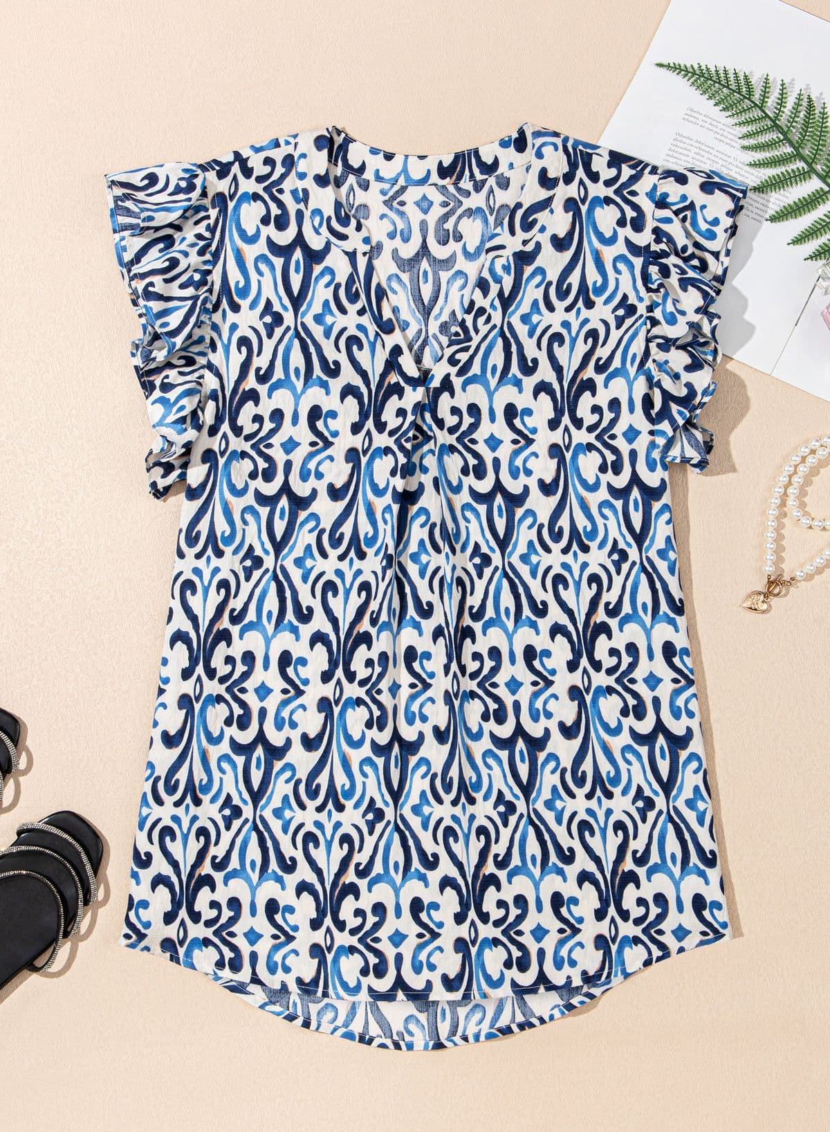 image-Sky Blue Boho Abstract Print Pintuck Detail Ruffled Top