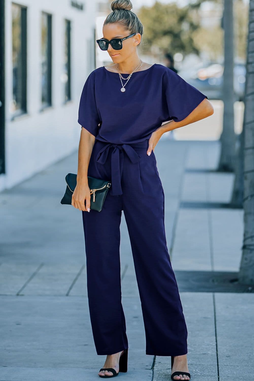 image-Black Belted Wide Leg Jumpsuit