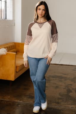 image-Brown Floral Patchwork Long Sleeve Top