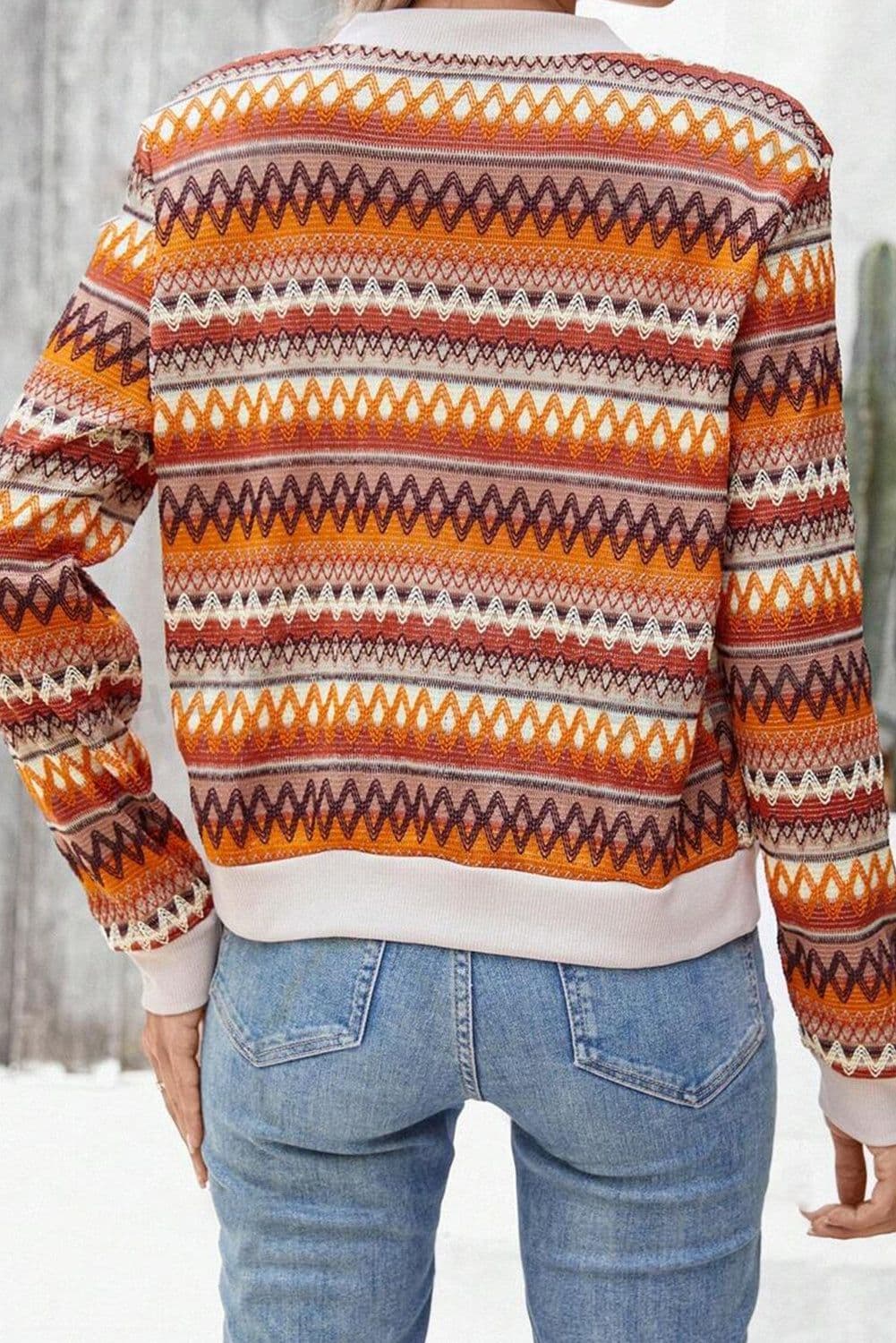 image-Boho Striped Zip Up Long Sleeve Jacket - Orange