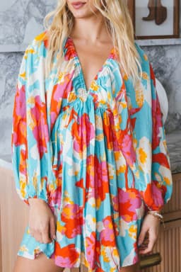 image-Sky Blue Floral Mini Dress - Empire Waist, Bracelet Sleeves, V-Neck