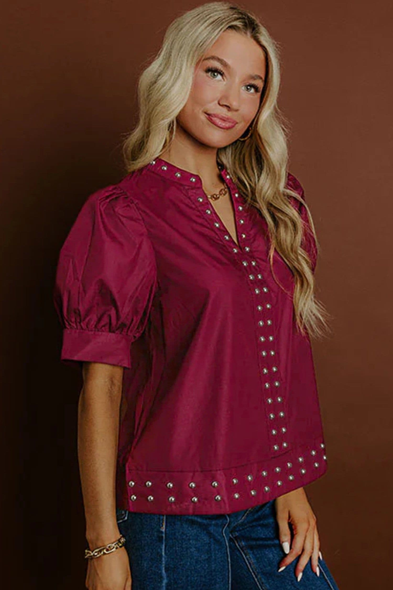 image-Burgundy Rivet Embellished V Neck Puff Sleeve Blouse