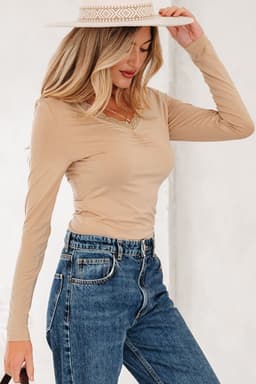 image-Smoke Gray Lace-Trim Sweetheart Ruched Long Sleeve Top