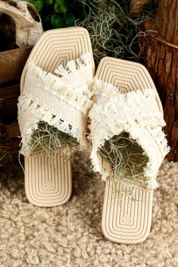 image-Woven Tassel Flat Slippers - Beige Crossed Straps