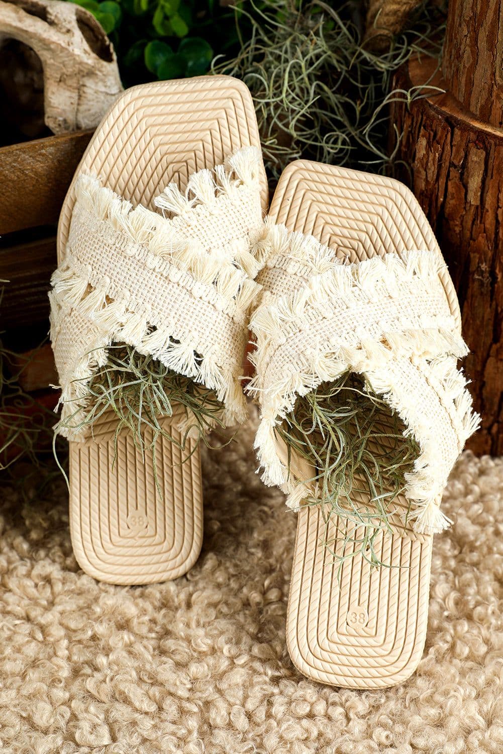 image-Woven Tassel Flat Slippers - Beige Crossed Straps