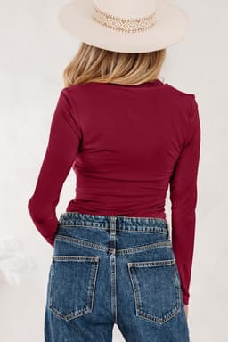 image-Smoke Gray Lace-Trim Sweetheart Ruched Long Sleeve Top