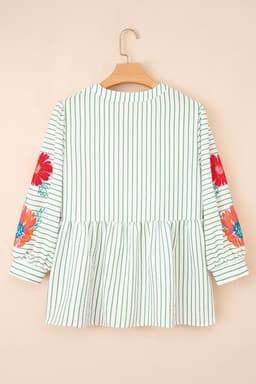 image-Green Stripe Floral Puff Sleeve V-Neck Babydoll Blouse