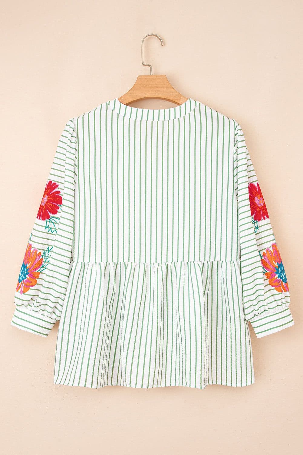 image-Green Stripe Floral Puff Sleeve V-Neck Babydoll Blouse