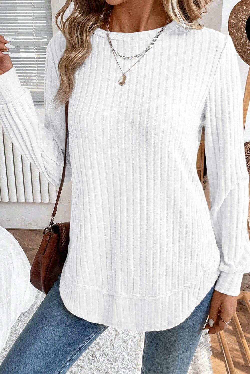image-White Ribbed Knit Top - Long Sleeve Round Neck