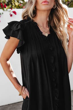 image-Black Ruffle Sleeve V Neck Frilled Shift Dress