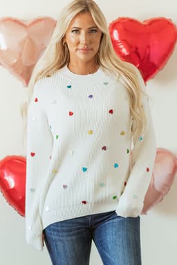 image-Beige Sequin Heart Waffle Knit Sweater (51 characters)