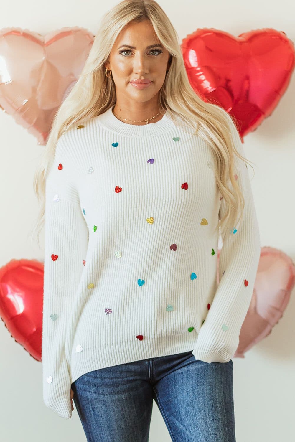 image-Beige Sequin Heart Waffle Knit Sweater (51 characters)