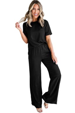 image-Solid Color T-Shirt & Wide Leg Pants Set - 2pcs - Comfortable Fabric
