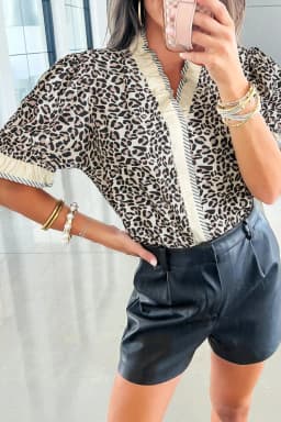 image-Black Leopard Print Blouse - V Neck Short Sleeve