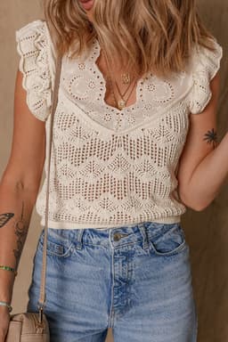 image-Beige Embroidered Patchwork Knitted Vest - Hollow Out