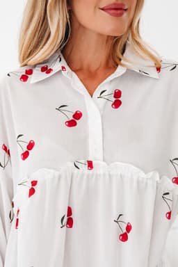 image-White Cherry Print Flounce Sleeve Babydoll Blouse