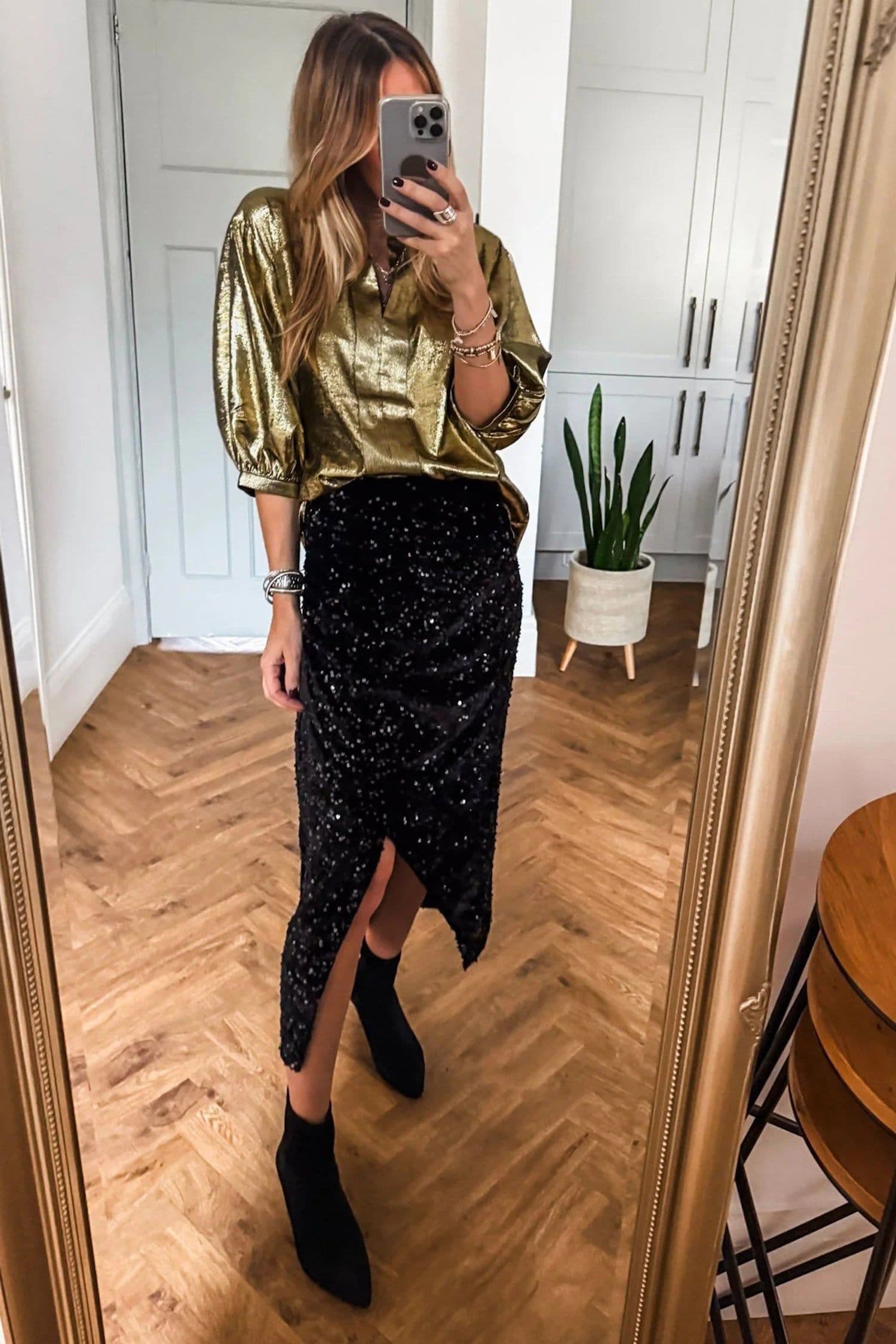 image-Gold Metallic Split Neck Half Sleeve Blouse