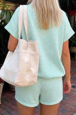 image-Sky Blue Stripe Cuffed Sleeve Contrast Mock Neck Tee Casual 2pcs Short Set