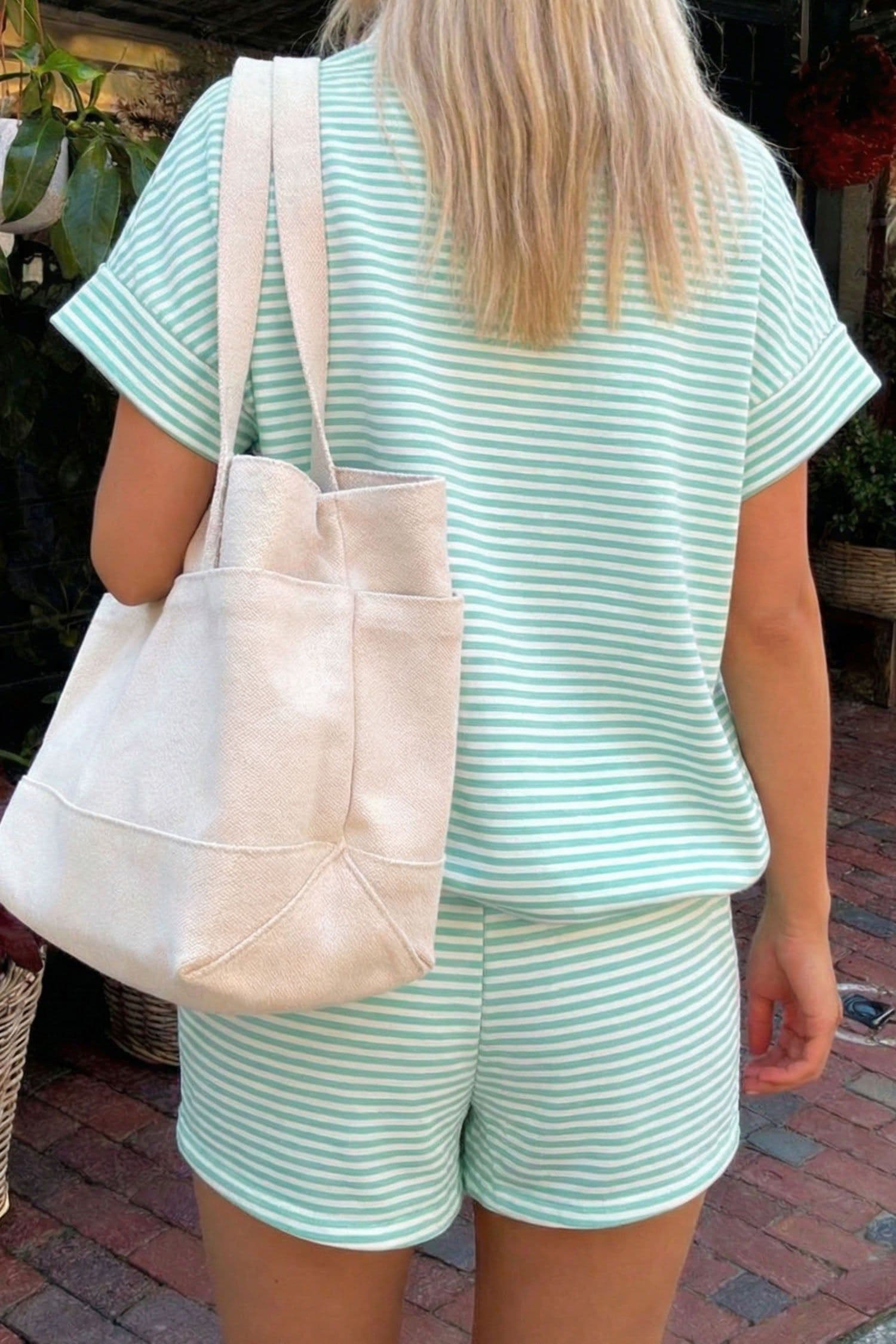 image-Sky Blue Stripe Cuffed Sleeve Contrast Mock Neck Tee Casual 2pcs Short Set