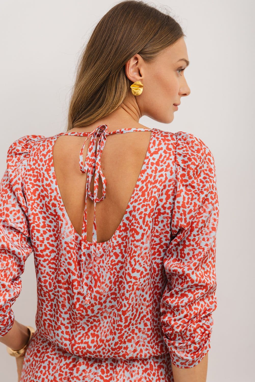 image-Leopard Print Long Sleeve Hollowed Back Mini Dress - Tomato Red