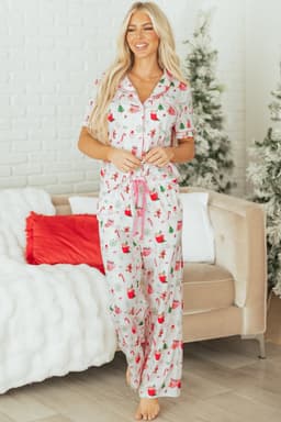 image-Pink Christmas Spirit Cute Holiday Print Short Sleeve Shirt and Pants 2pcs Pajama Set