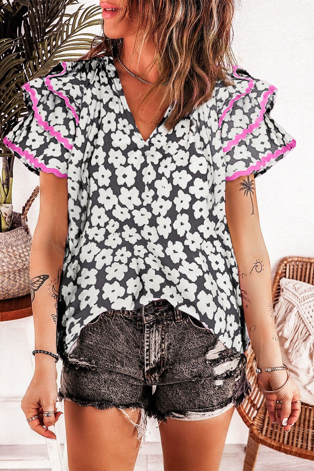 image-Pink Floral Ruffle Sleeve Blouse - Layered Contrast Ric Rac