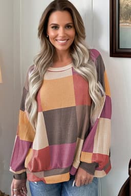 image-Rose Red Checkered Print Textured Knit Long Sleeve Loose Top