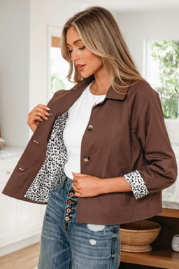 image-Dark Brown Leopard Patchwork Collared Jacket