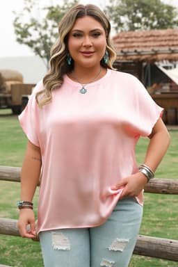 image-Pink Metallic Gloss Short Batwing Sleeve Plus Size Top