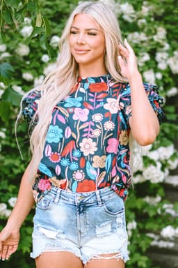 image-Floral Blouse - Green Trimmed Ruffle Sleeves Summer Top - Sizes Available