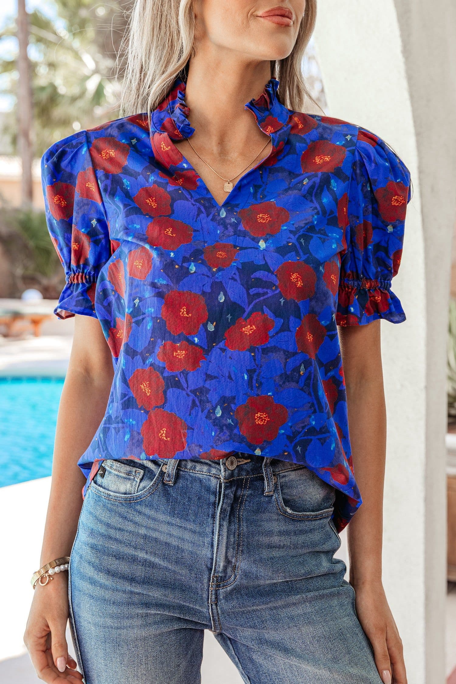 image-Floral Blouse - Blue Ruffled Short Sleeves V Neck Elegant Design