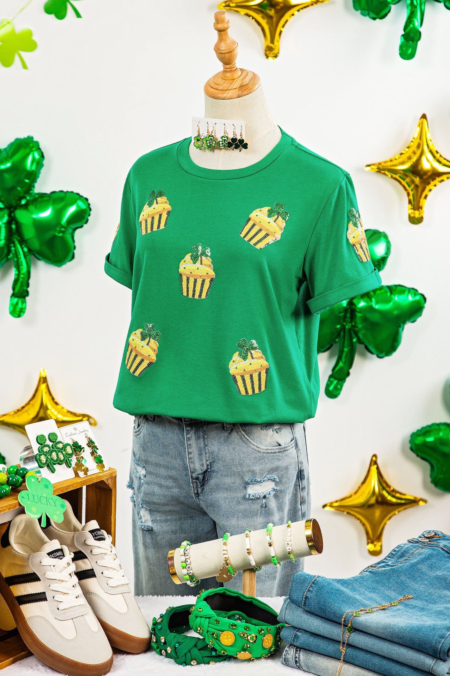 image-Bright Green St Patricks Day Sequin Cupcake Graphic T Shirt
