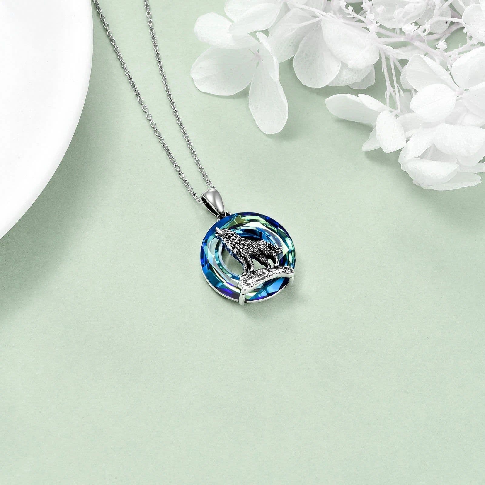 image-Sterling Silver Viking Wolf Earrings Necklace Jewelry with Crystal