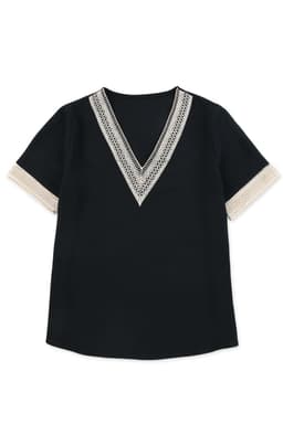 image-Black Lace Trim V-Neck Short Sleeve Blouse - Size Chart Available