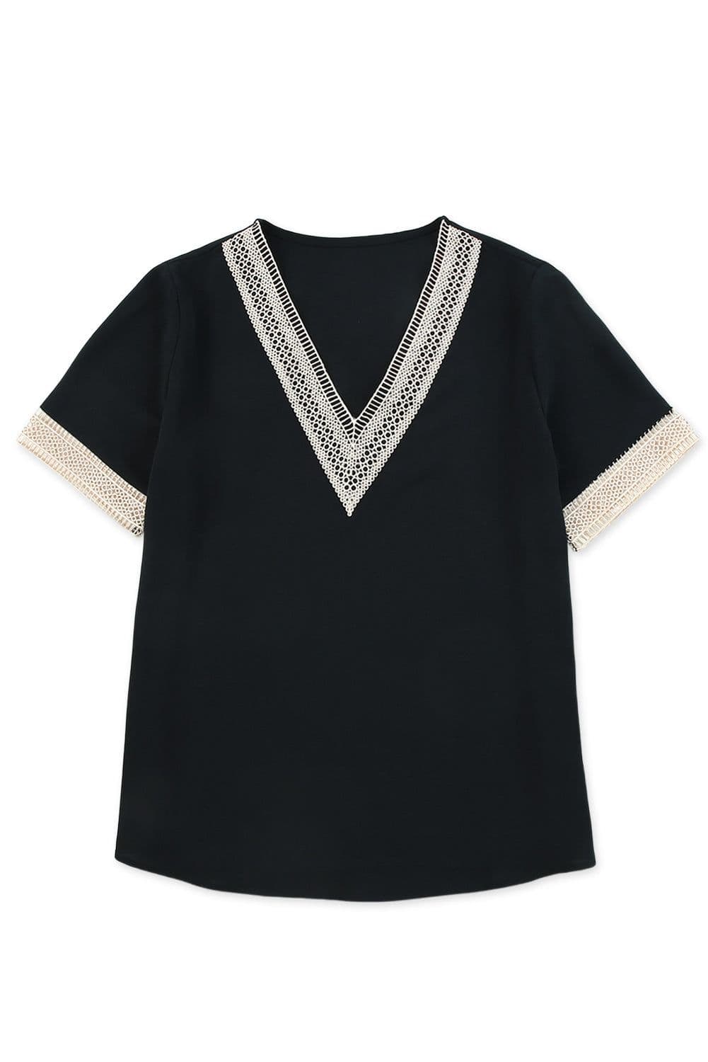image-Black Lace Trim V-Neck Short Sleeve Blouse - Size Chart Available