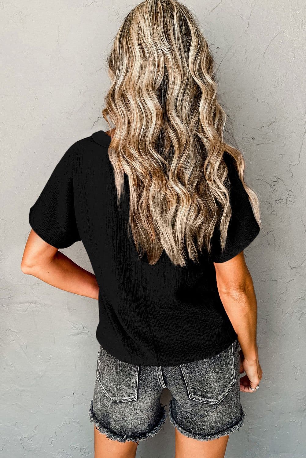 image-Blue Sapphire Crinkled V Neck T-shirt - Women's Fashion