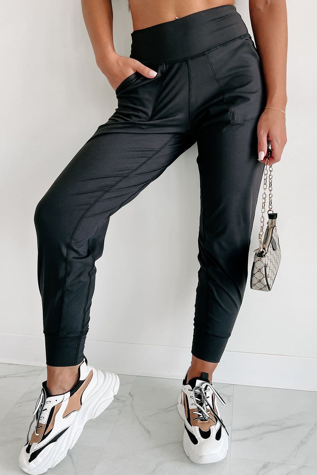 image-Black High Waist Joggers with Exposed Seam & Pockets