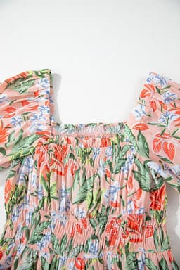 image-Apricot Pink Floral Smocked Bust Bubble Short Sleeve Maxi Dress