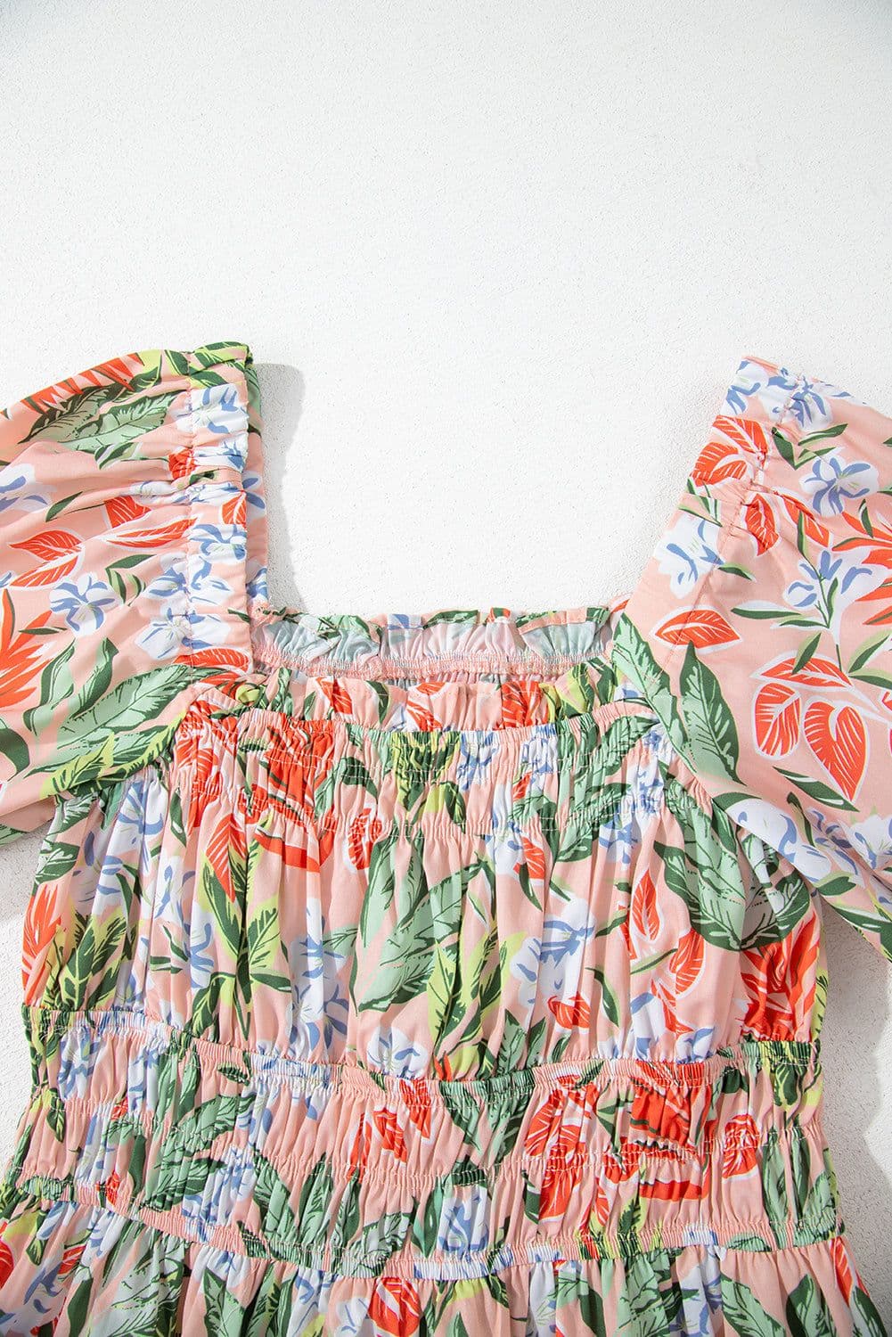 image-Apricot Pink Floral Smocked Bust Bubble Short Sleeve Maxi Dress