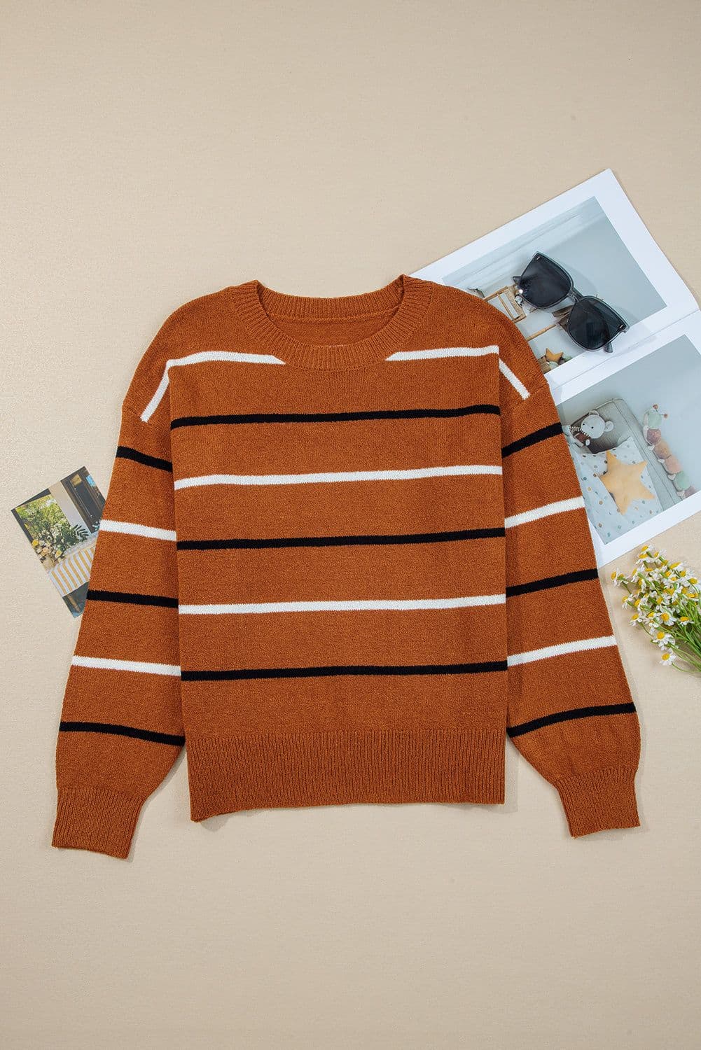 image-Pink Stripe Ribbed Edge Drop Shoulder Sweater