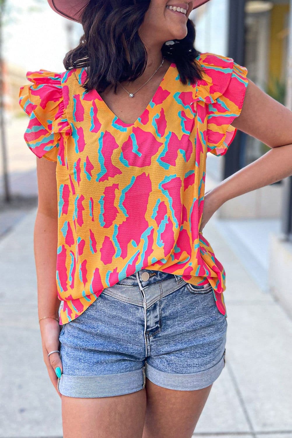 image-Abstract Print V-Neck Blouse - Orange Ruffled Sleeves