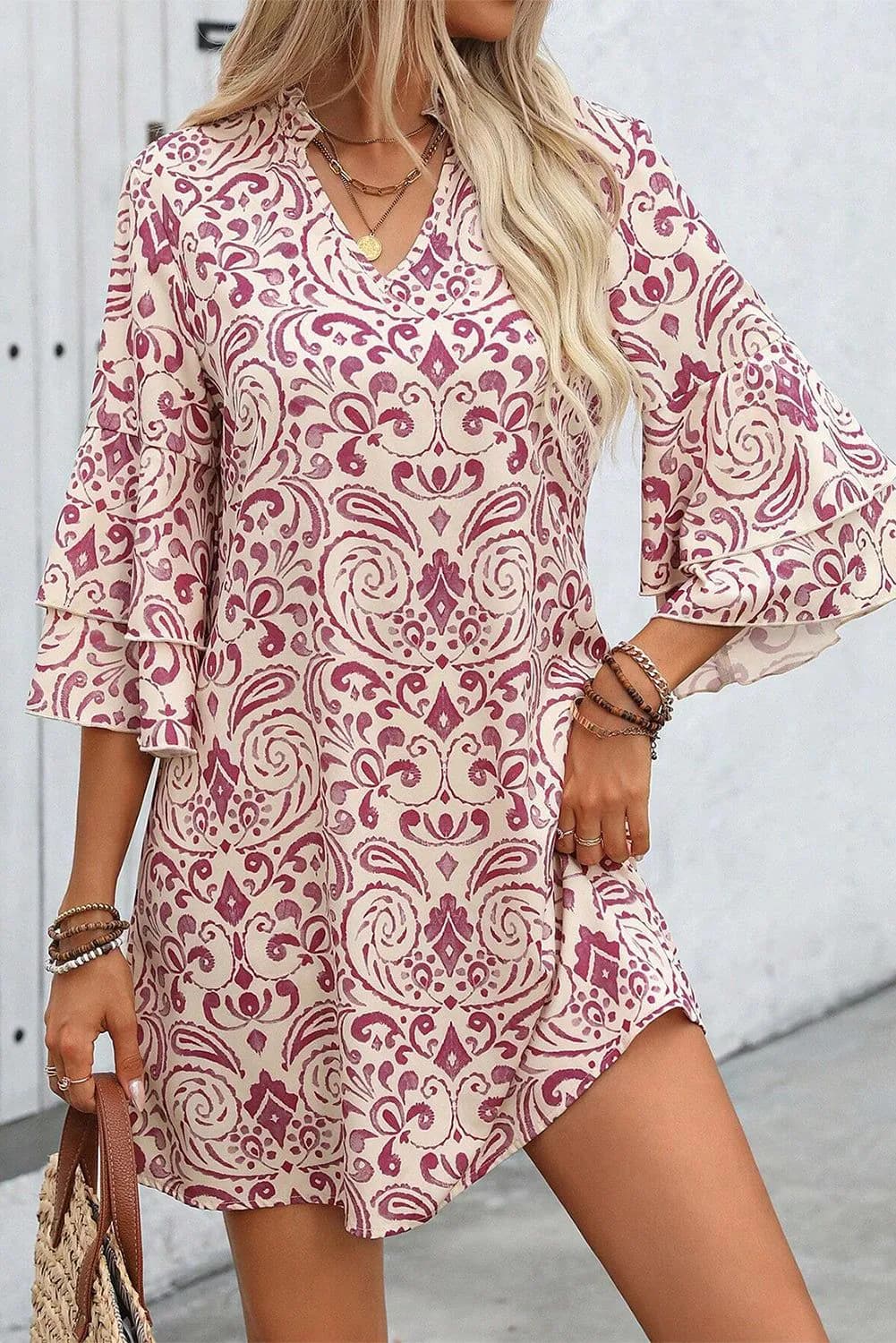 image-Pink Paisley Print Tiered 3/4 Sleeve Mini Dress