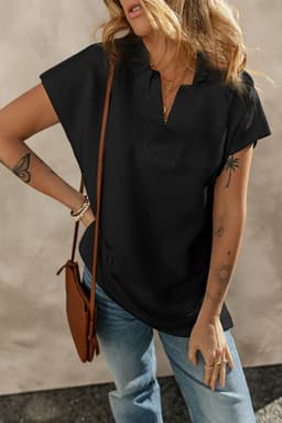 image-White Textured V Neck Collared Short Sleeve Top