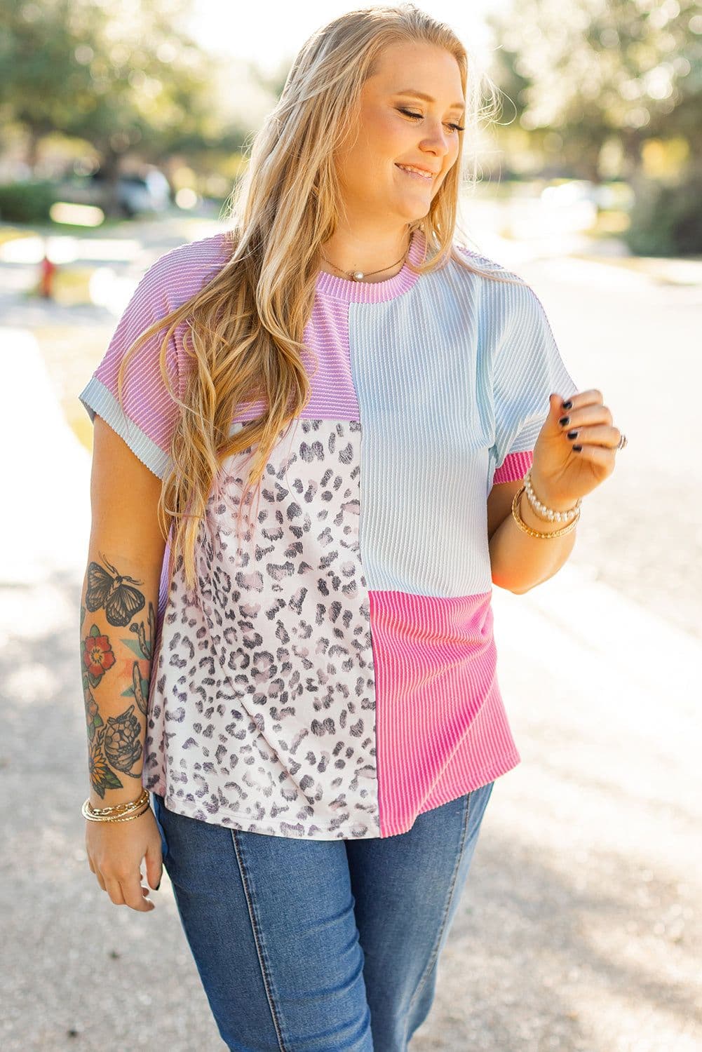 image-Rose Red Leopard Colorblock Patchwork Corded Knit Plus T-Shirt