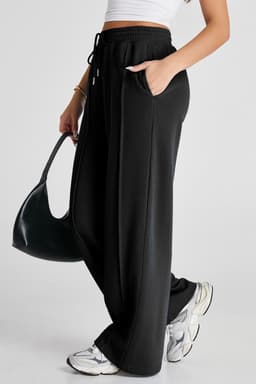image-Black Seamed Drawstring High Waist Wide Leg Sweatpants