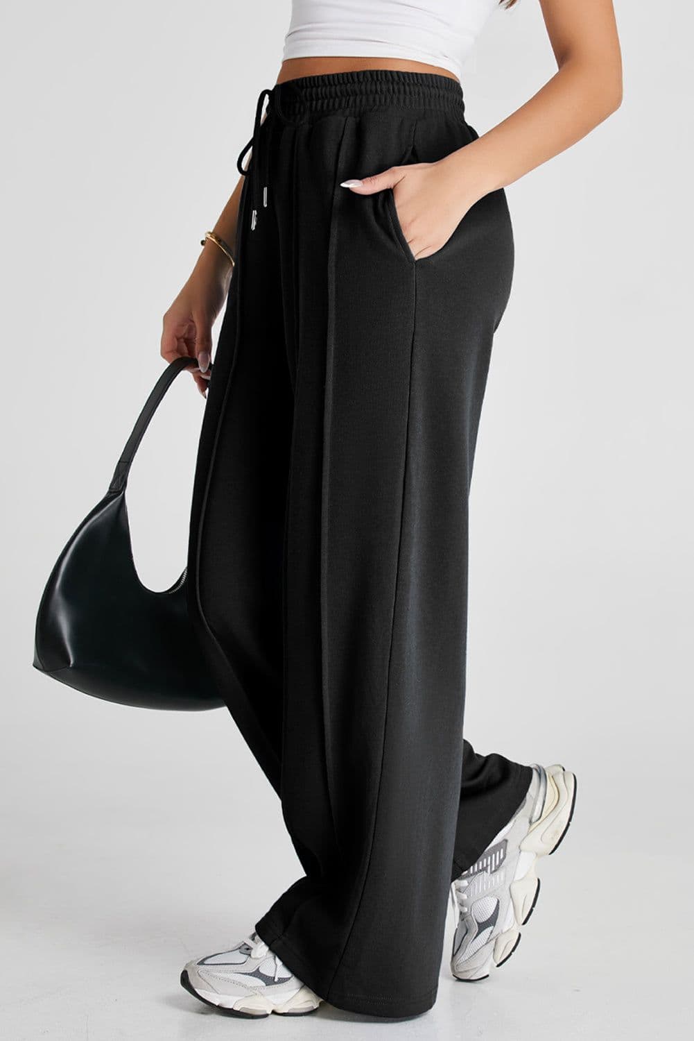 image-Black Seamed Drawstring High Waist Wide Leg Sweatpants