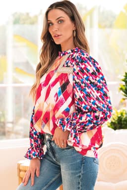 image-Rose Red Geometric Patchwork Puff Sleeve Blouse